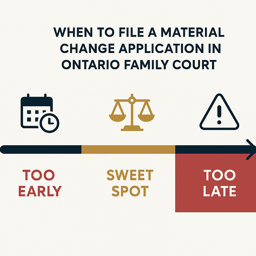 Timeline showing when to file a material change application in Ontario - too early, sweet spot, and too late zones