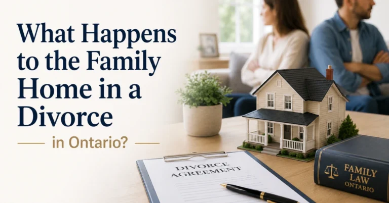 Illustration of what happens to the family home in an Ontario divorce, featuring a house model, divorce agreement, wedding rings, and family law book.