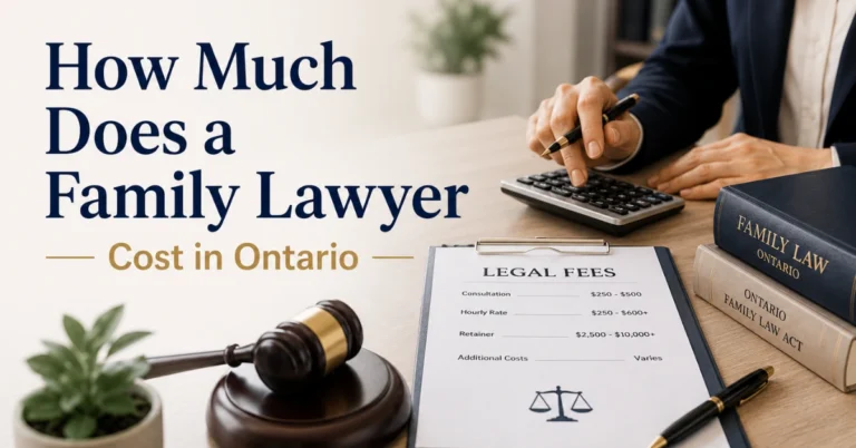 Illustration of family lawyer costs in Ontario featuring a legal fees document, calculator, gavel, and Ontario family law books.