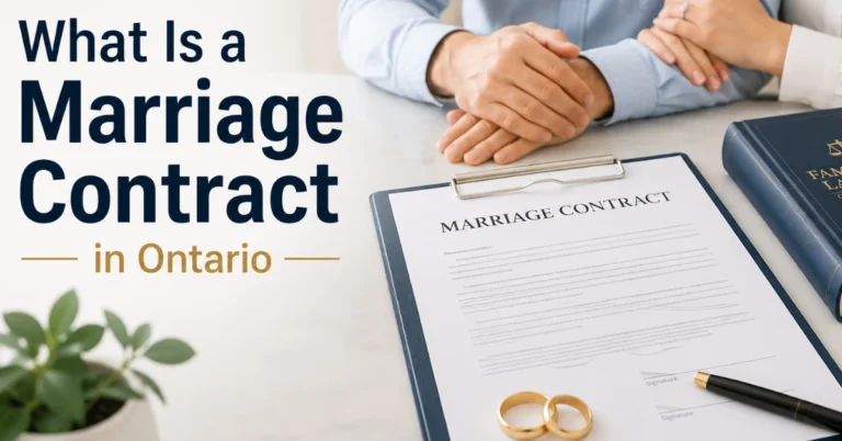 Marriage contract in Ontario displayed with wedding rings and a legal agreement, representing financial and property arrangements between spouses.