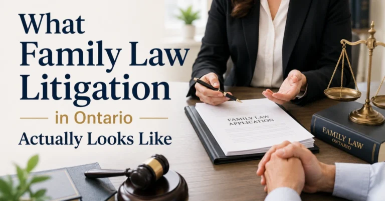Ontario family lawyer meeting with a client to discuss family law litigation, with legal documents, a gavel, and scales of justice on the desk.