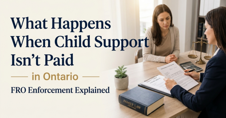 Parent and family lawyer review child support enforcement documents in an Ontario law office.