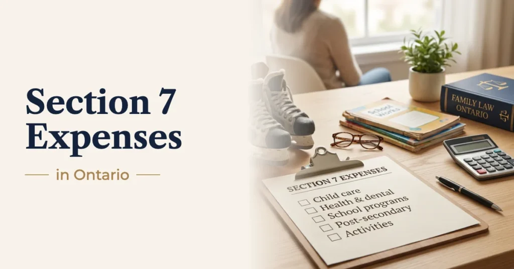 Section 7 expenses in Ontario checklist on a desk with child care, health, school, post-secondary and activity costs