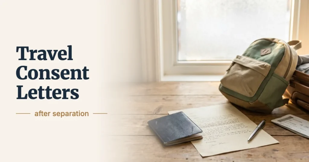 Travel consent letter Canada: a passport, a signed consent letter and a child's backpack on a table